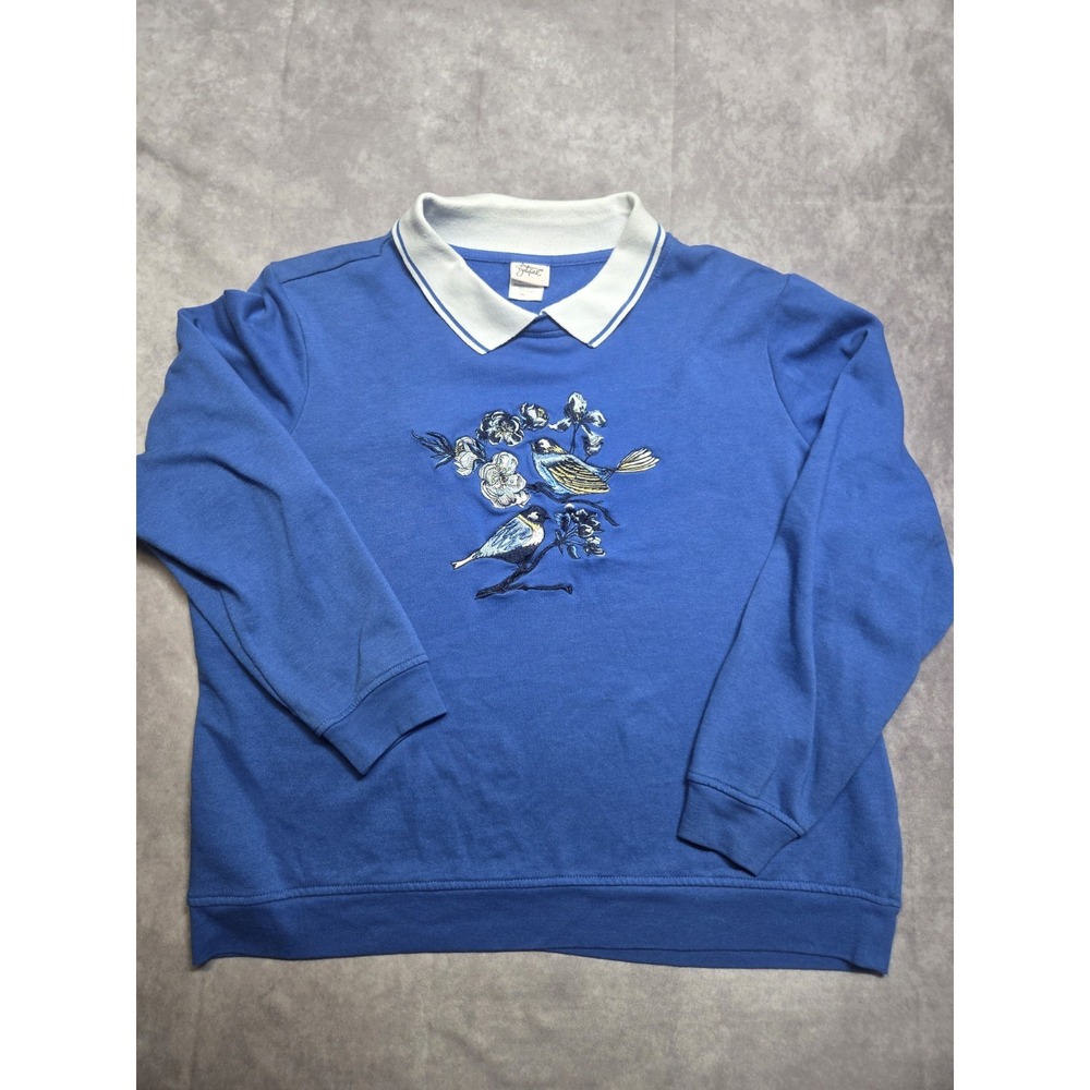 Vintage 90s Bluebirds Floral  Sweatshirt Collar Grandmacore Cottagecore Large